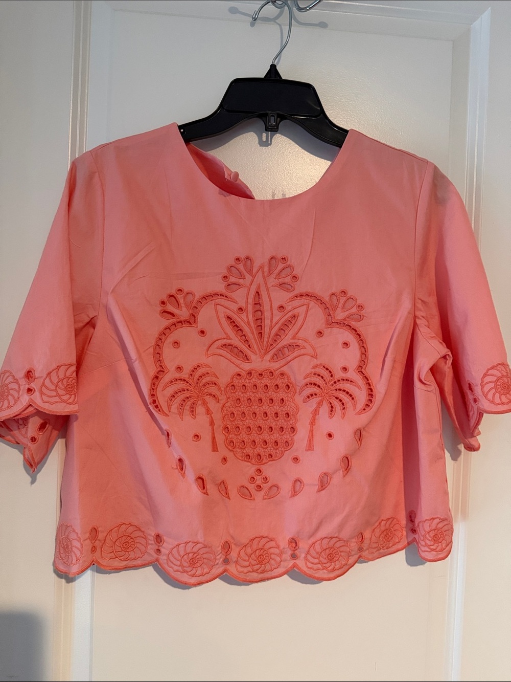 crown & ivy Coral Pink Embroidered Short Sleeve Top